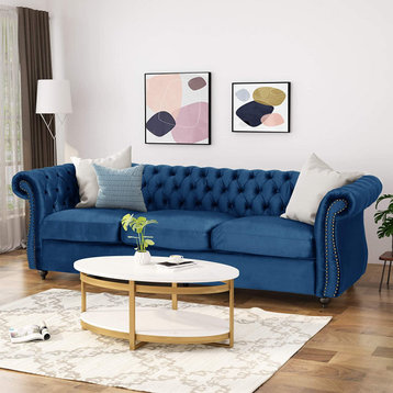 Classic Chesterfield Sofa, Velvet Seat With Rolled Arms & Tufted Back, Navy Blue