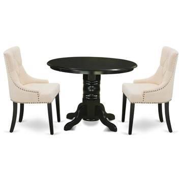 3Pc Dinette Set, Round Table, Two Parson Chairs, Light Beige Fabric, Black