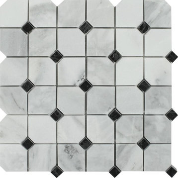 Bianco Mare Honed Marble Octagon Mosaic With Black Dots