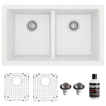 Karran 32" Undermount Double Bowl 50/50 Quartz Kitchen Sink Kit, White