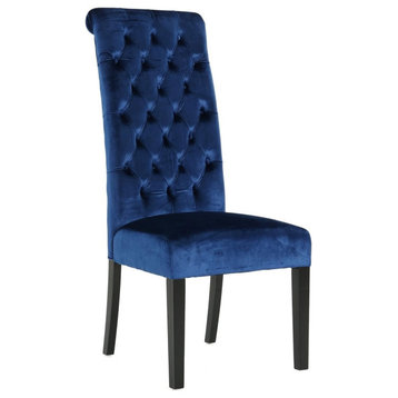 Set of 2 Dining Chair, Tall Back With Button Tufting and Velvet Seat, Navy Blue