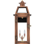 Primo Lighting - Bienville Electric Lantern, Aged Copper, 25" - This 20 inch solid copper lantern features narrow and tall vertical lines with top and bottom tempered glass and powder painted aluminum bracket. Electric version has two 60 watt candelabra. ETL Certified.