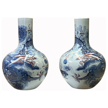 Pair of Chinese Red/Blue/White Porcelain Dragon Cloud Vases, Hws2573