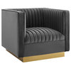 Cube Armchair, Velvet Accent Arm Chair, Gold Glam Club Chair, Lux Lounger, Grey