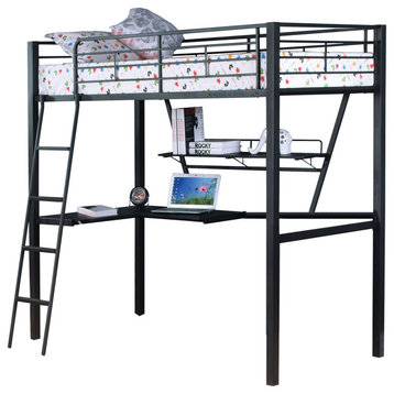 Metal Twin Loft Bed with Desk, Silver and Black