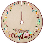 Glitzhome,LLC - 48" LED Embroidered Linen Christmas Tree Skirt, Merry Christmas - Add a bright, twinkling touch to your Christmas tree with this tree skirt. Bring a touch of nature's charm to your christmas decor with this lovely linen tree skirt. Features embroidered colorful branch and word ""Merry Christmas"". Trimmed with a red border.