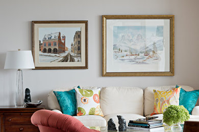 Example of a mid-sized transitional open concept dark wood floor living room design in Toronto with beige walls, a hanging fireplace, a metal fireplace and a wall-mounted tv