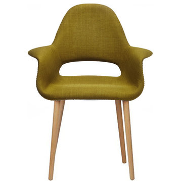 Modern Designer Dining Armchair Chair With Arms Linen Wooden Solid Color Back, Green
