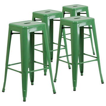 30" High Backless Green Indoor/Outdoor Barstools With Square Seat, Set of 4