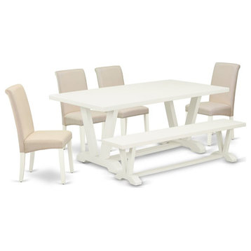 East West Furniture V-Style 6-piece Wood Dining Room Set in Linen White