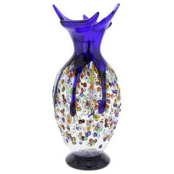 GlassOfVenice Murano Glass Millefiori Art Glass Spiky Amphora Vase - Blue