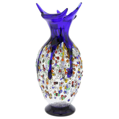 GlassOfVenice Murano Glass Millefiori Art Glass Spiky Amphora Vase - Blue