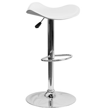 Contemporary White Vinyl Adjustable Height Barstool,Wavy Seat and Chrome Base