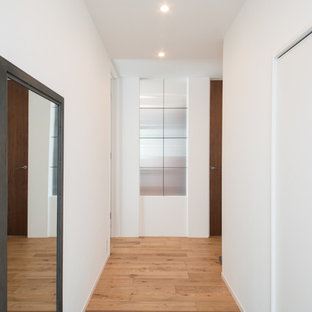 Foto di un ingresso o corridoio minimalista con pareti bianche, pavimento in tatami e pavimento grigio