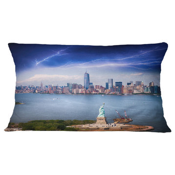 Statue of Liberty And Skyline Cityscape Photo Throw Pillow, 12"x20"