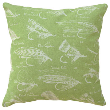 Fly Fishing Printed Linen Pillow With Feather-Down Insert, Chartreuse Green, Cha