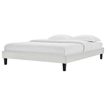 Platform Bed Frame, Queen Size, Velvet, Light Grey Gray, Modern Contemporary
