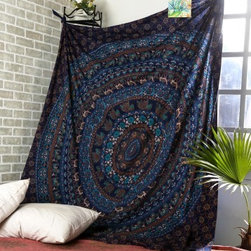 Cotton Blue Printed Mandala Tapestry - Tapestries