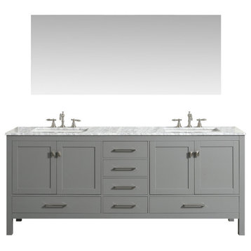 72" Transitional Grey Vanity White Carrera Countertop,Double Square Sinks