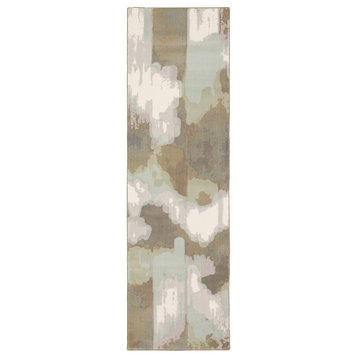 Calypso Soft Focus Abstract Ivory and  Cafe High-Low Pile Area Rug, 2'3"x7'3"