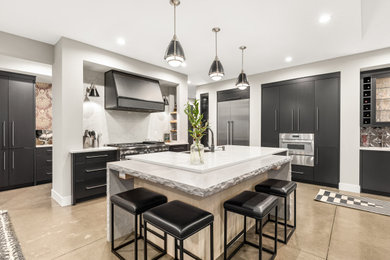 Mid-sized minimalist l-shaped eat-in kitchen photo in Detroit with flat-panel cabinets, black cabinets, quartz countertops, white backsplash, quartz backsplash, an island and white countertops