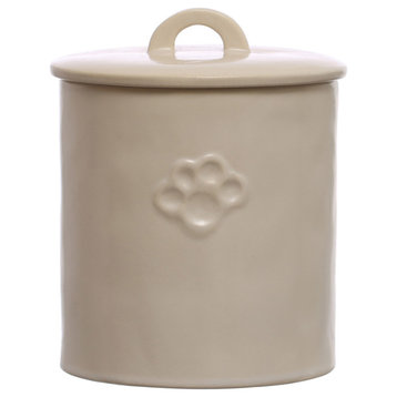 Round Debossed Stoneware Treat Canister With Paw Print, Reactive Glaze, White
