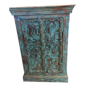 Mogul Interior - Consigned Antique Distressed Blue Side Table, Nightstand, Bar Cabinet Furniture - Storage Cabinets