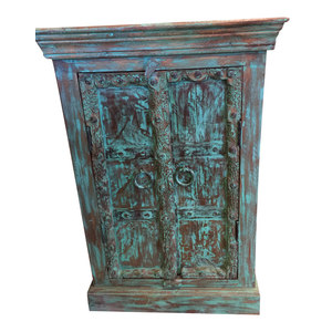 Mogul Interior - Consigned Antique Distressed Blue Side Table, Nightstand, Bar Cabinet Furniture - Side Tables And End Tables