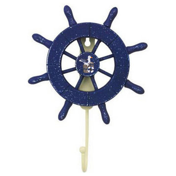 Rustic All Dark Blue Decorative Ship Wheel with Seagull and Hook 8' - Nautica