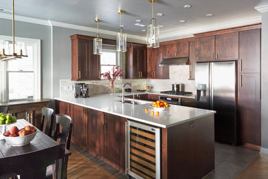 Mid-sized eclectic u-shaped porcelain tile and multicolored floor eat-in kitchen photo in Chicago with a single-bowl sink, shaker cabinets, dark wood cabinets, quartz countertops, multicolored backsplash, marble backsplash, stainless steel appliances and a peninsula