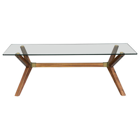 Mid-Century Modern Glass Coffee Table, Walnut Stain