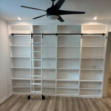 Custom Built‑In Shaker Open Bookcase with Sliding Library Ladder in Bright White