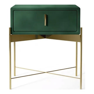 Green Bedroom Nightstand With Drawer Velvet Upholstered and Stainless ...