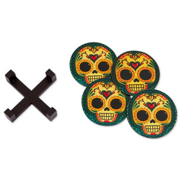 Loving Skull, Decoupage Wood Coasters, Mexico, 4-Piece Set