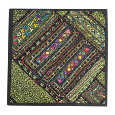 Mogul Interior - Indian Patchwork Banjara Sequin Work Green Pillow Sham, 18"x18" - Pillowcases And Shams