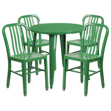 30'' Round Green Metal Indoor-Outdoor Table Set With 4 Vertical Slat Back Chairs