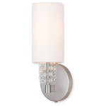 Livex Lighting - Carlisle 1-Light ADA Wall Sconce, Brushed Nickel - A contemporary style wall sconce from the Carlisle collection. The design features a brushed nickel wall sconce, with hanging strands of beautiful clear crystal. The crystal drapes from a hand crafted off white fabric hardback shade and creates a magnificently sophisticated look.