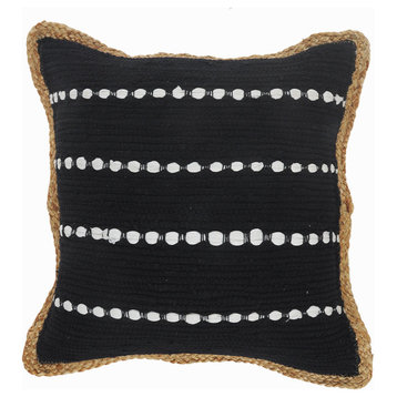 Black and White Striped Jute Bordered Throw Pillow