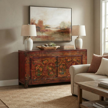 Vintage Orange Red Brown Floral Graphic Credenza Sideboard Cabinet ws4314