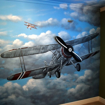 Aviation/Planes Theme mural in a kids bedroom, hand-painted in McLean, Virginia