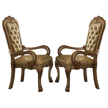 Set of 2 Dining Chair, Claw Legs & Vegan Leather Seat With Curved Arms, Gold