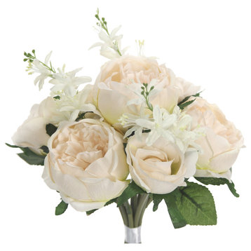 10 Stems Faux English Rose and Rose Bud Bouquet, Ivory