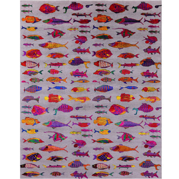 Grey Gabbeh Fish Design Hand-Knotted Wool & Silk Rug 8' 0" X 10' 4" - Q22597