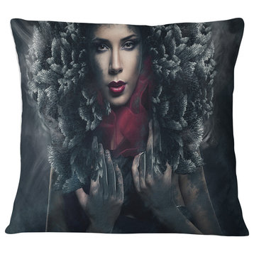 Passionate Woman in Feather Hood Portrait Throw Pillow, 16"x16"