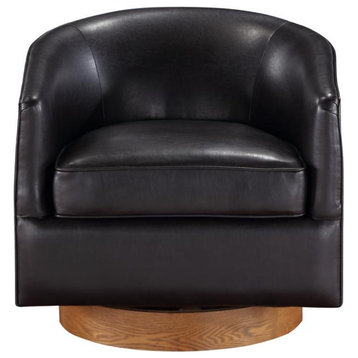 Irving Brown Faux Leather Wood Base Barrel Swivel Chair