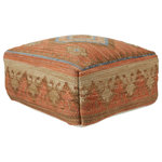 Jaipur Living - Ember Indoor and Outdoor Tribal Orange and Blue Cuboid Pouf - The Sundial pouf collection brings bohemian charm to contemporary homes. The oversized Ember pouf draws texture inspiration from traditional kilim rugs, adding a performance-driven twist with the durable choice of fibers. Crafted of polyester, this vintage-inspired ottoman offers a whimsical and worldly look to any indoor or outdoor space.