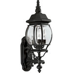 Progress Lighting - Three-Light Wall Lantern, Black - Detailed finials, end caps and scroll work in a durable power coat finish, featuring clear beveled glass panels and cast aluminum frames. Three-light wall lantern.