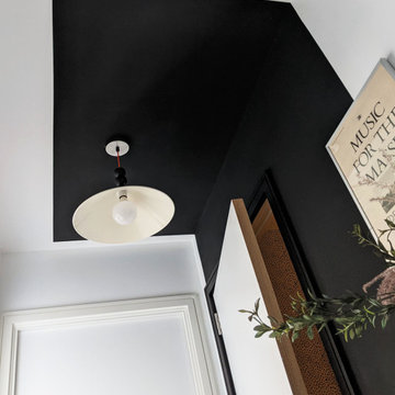 Black and White Colourblock Hallway with Customised Ceiling Pendants