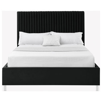 Inspired Home Shemar Bed, Velvet Upholstered Deep Channel Tufted, Black, Queen