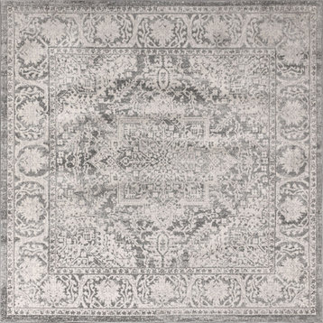 Modern Persian Vintage Medallion Light Grey 5' Square Area Rug